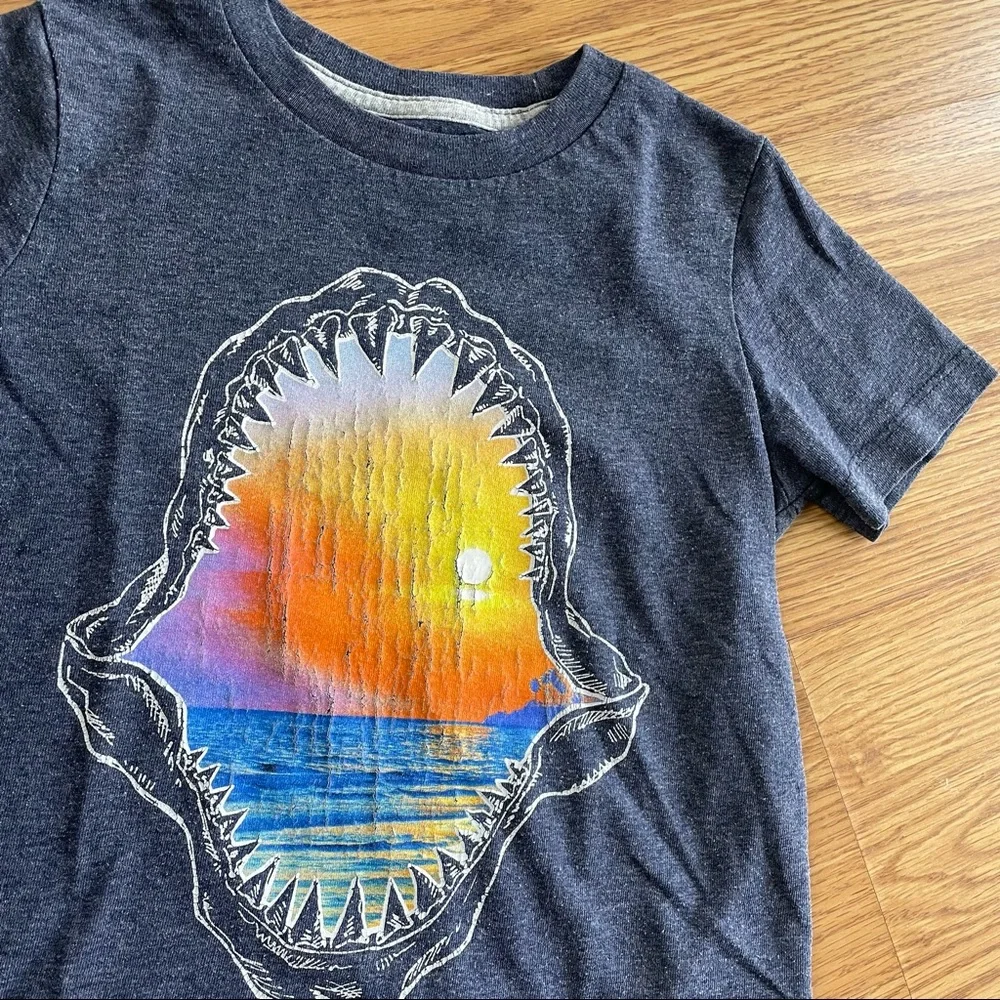 🟢3/$15 OLD NAVY Distressed Shark Mouth Sunset Graphic Tee